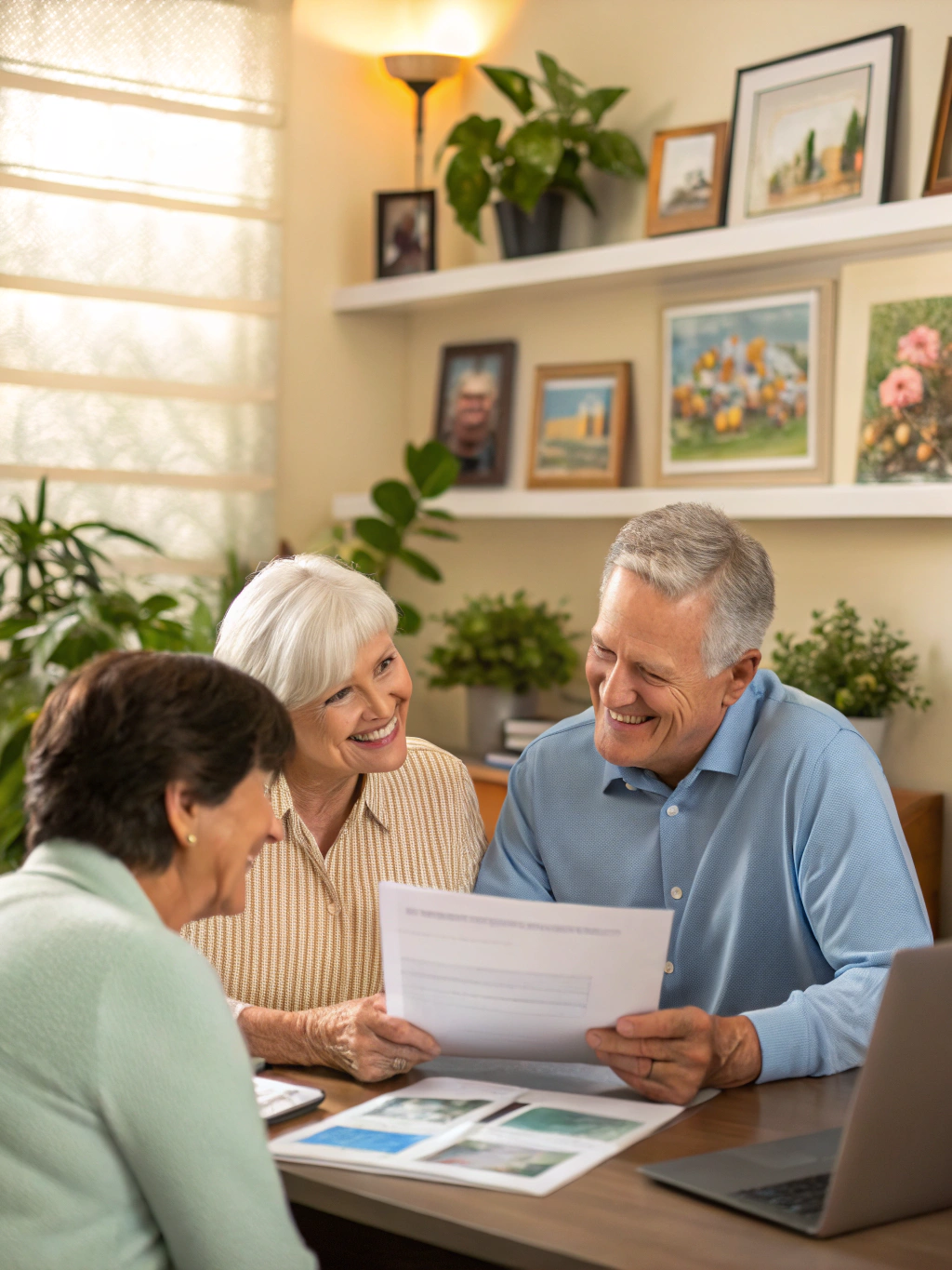 Licensed insurance broker Gary W. Blackmon reviewing Medicare paperwork with a senior client in an office