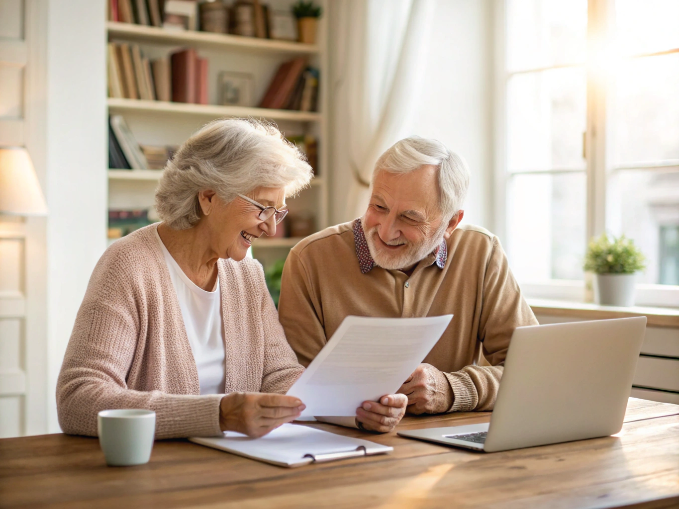 Older couple sitting at their dining table calmly reviewing medical statements and Medicare paperwork