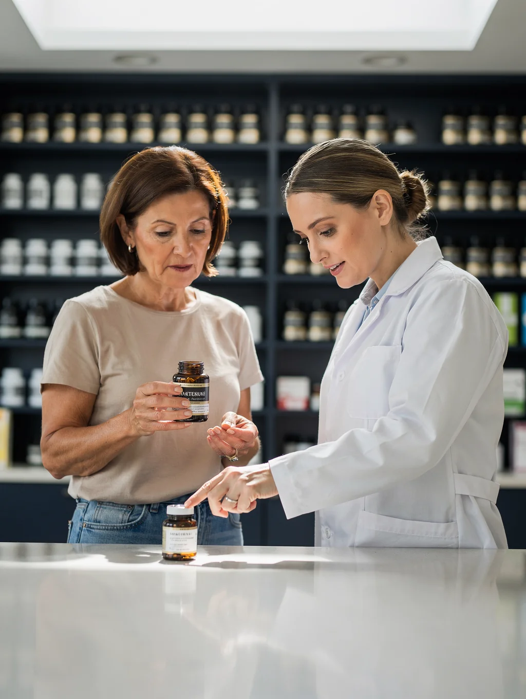 Pharmacist discussing prescription medicine packaging with an older customer at a pharmacy counter