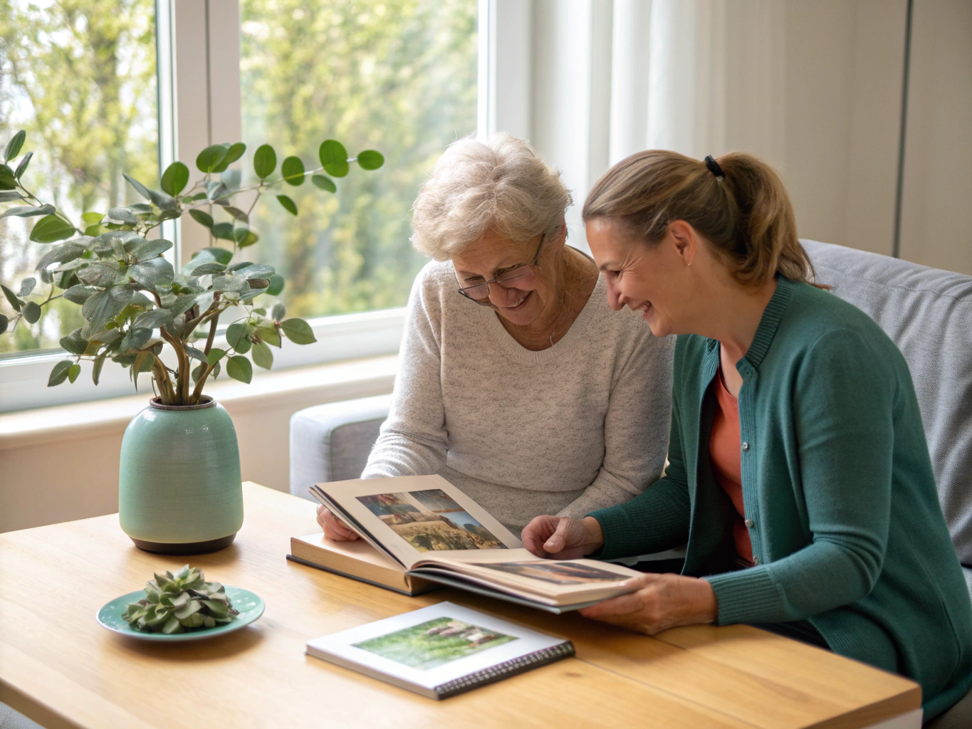 Senior woman and her adult daughter reviewing Medicare paperwork together at home
