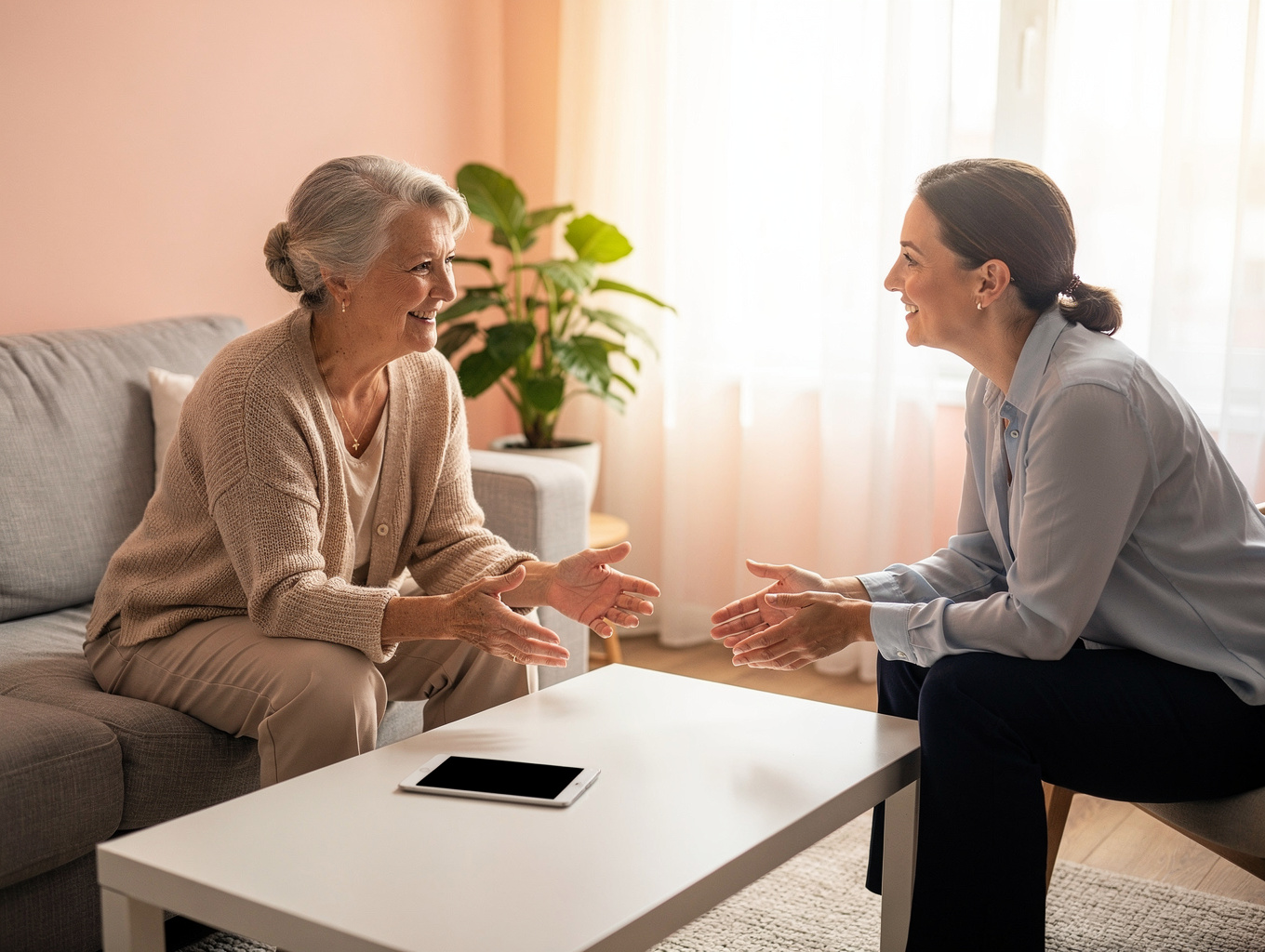 Active senior sitting comfortably at home reviewing health information on a tablet